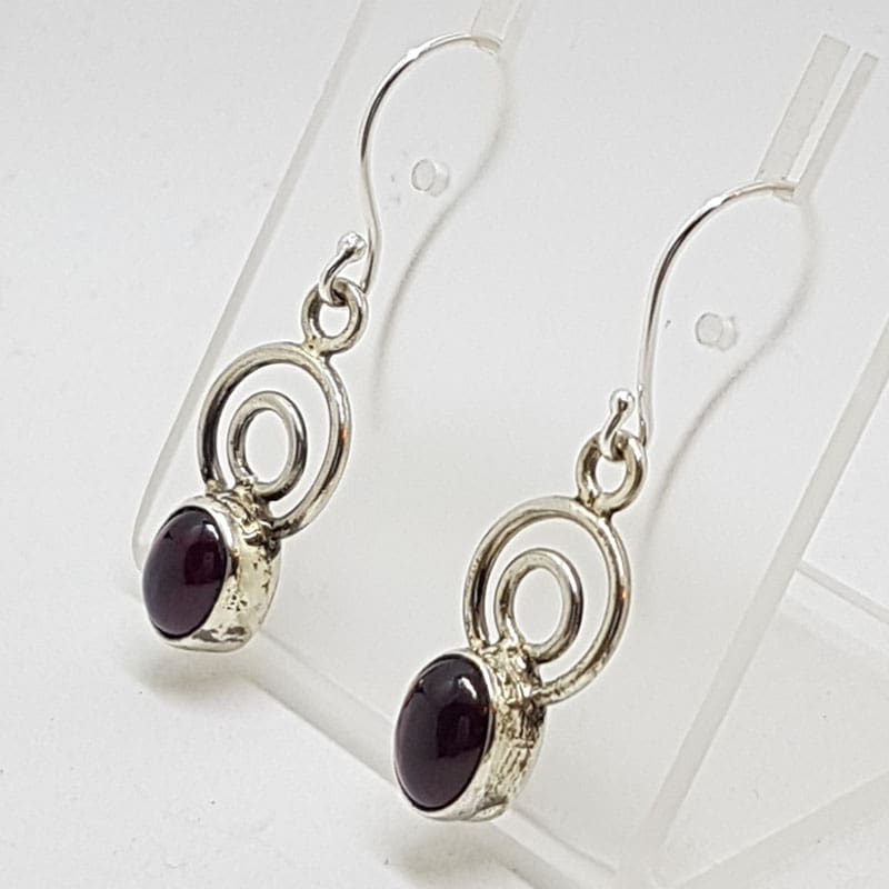 Sterling Silver Garnet Cabochon Cut Circle Design Drop Earrings
