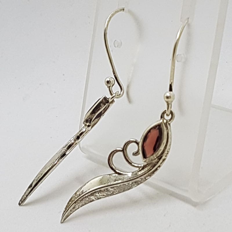 Sterling Silver Marquis Garnet Long Leaf Shape Drop Earrings