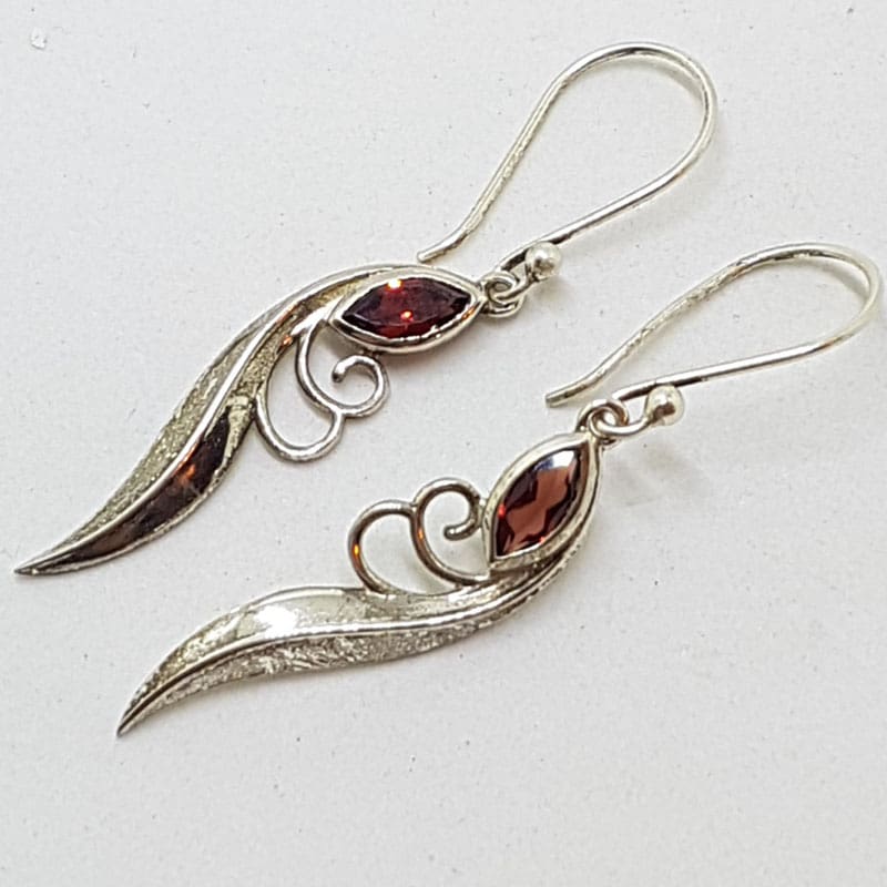 Sterling Silver Marquis Garnet Long Leaf Shape Drop Earrings