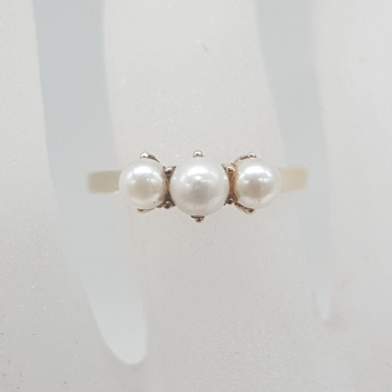 9ct Yellow Gold Trilogy Pearl Ring - Vintage / Antique