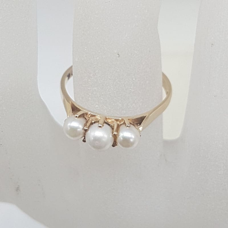 9ct Yellow Gold Trilogy Pearl Ring - Vintage / Antique