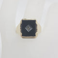 9ct Yellow Gold Rectangular Onyx with Cubic Zirconia Centre Gents Ring - Vintage
