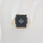 9ct Yellow Gold Rectangular Onyx with Cubic Zirconia Centre Gents Ring - Vintage
