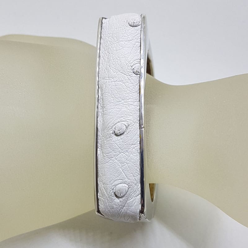Sterling Silver Heavy Ostrich Leather White Rectangular Hinged Bangle - Unique