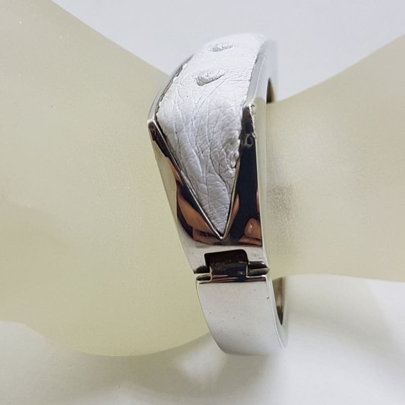 Sterling Silver Heavy Ostrich Leather White Rectangular Hinged Bangle - Unique