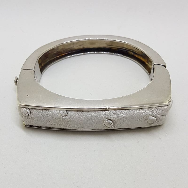 Sterling Silver Heavy Ostrich Leather White Rectangular Hinged Bangle - Unique