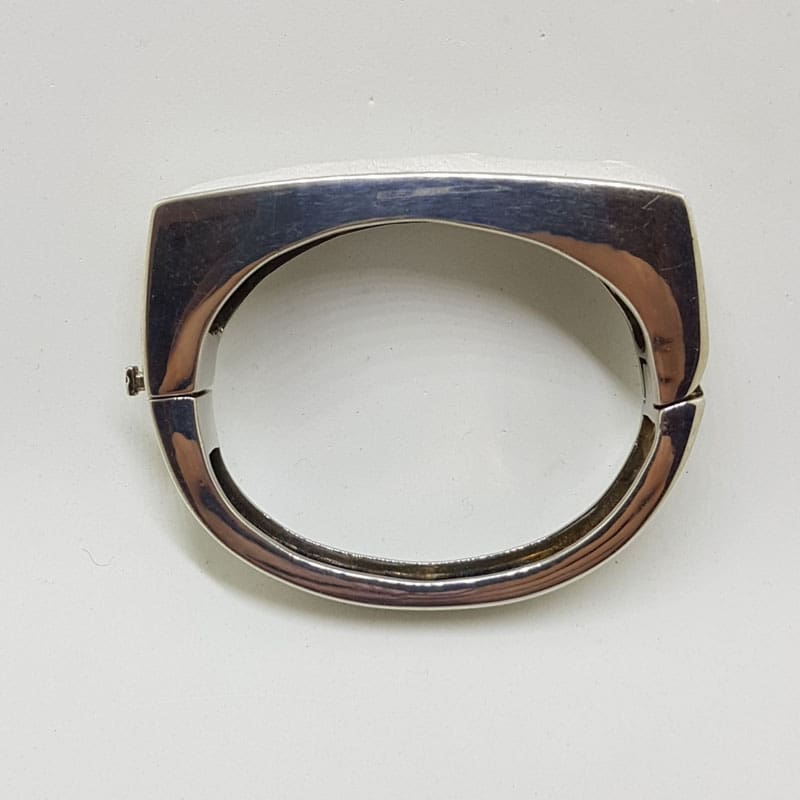 Sterling Silver Heavy Ostrich Leather White Rectangular Hinged Bangle - Unique