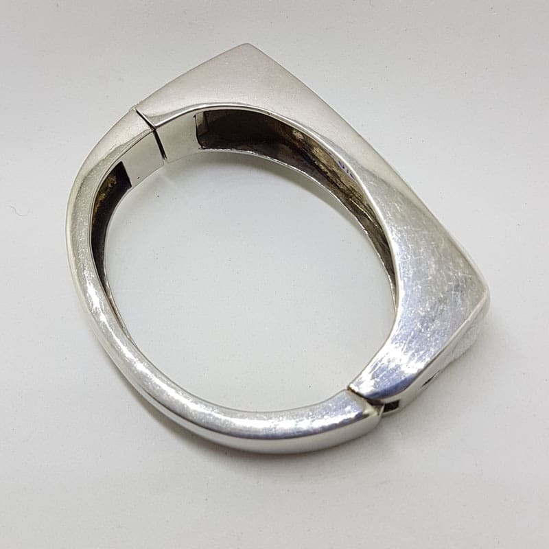 Sterling Silver Heavy Ostrich Leather White Rectangular Hinged Bangle - Unique
