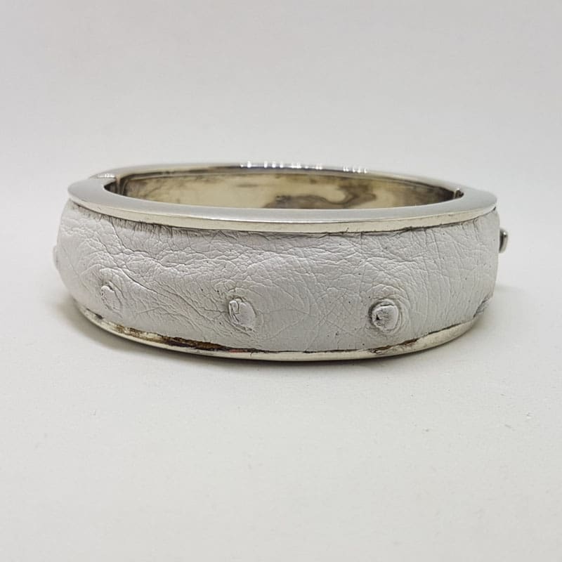 Sterling Silver Heavy Ostrich Leather White Oval Hinged Bangle - Unique