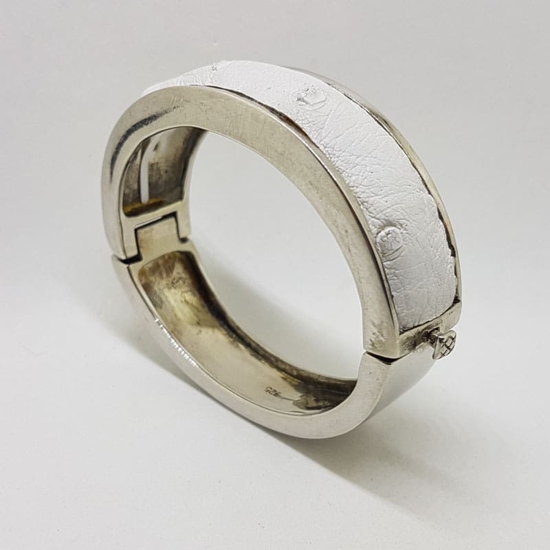 Sterling Silver Heavy Ostrich Leather White Oval Hinged Bangle - Unique
