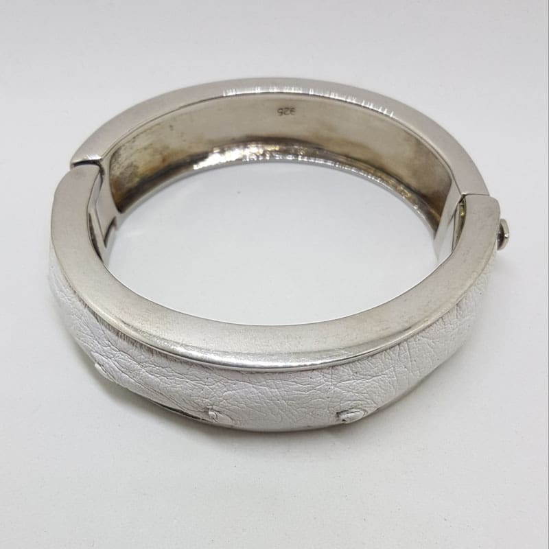 Sterling Silver Heavy Ostrich Leather White Oval Hinged Bangle - Unique