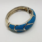 Sterling Silver Heavy Ostrich Leather Blue Oval Hinged Bangle with Wave Motif - Unique