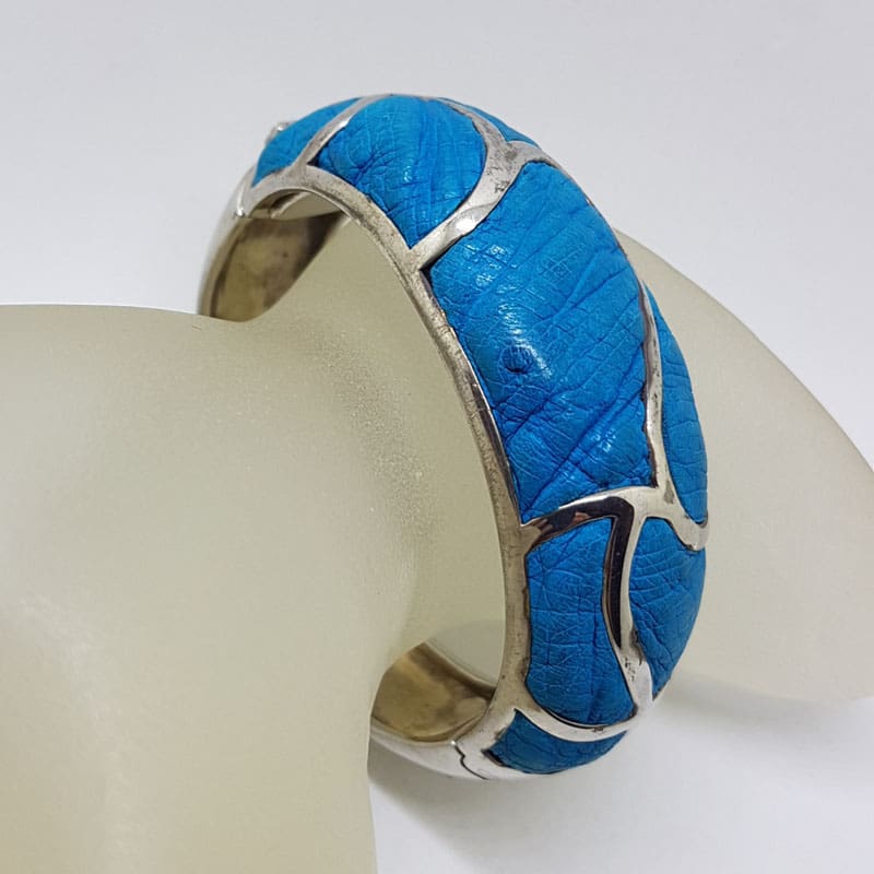 Sterling Silver Heavy Ostrich Leather Blue Oval Hinged Bangle with Wave Motif - Unique