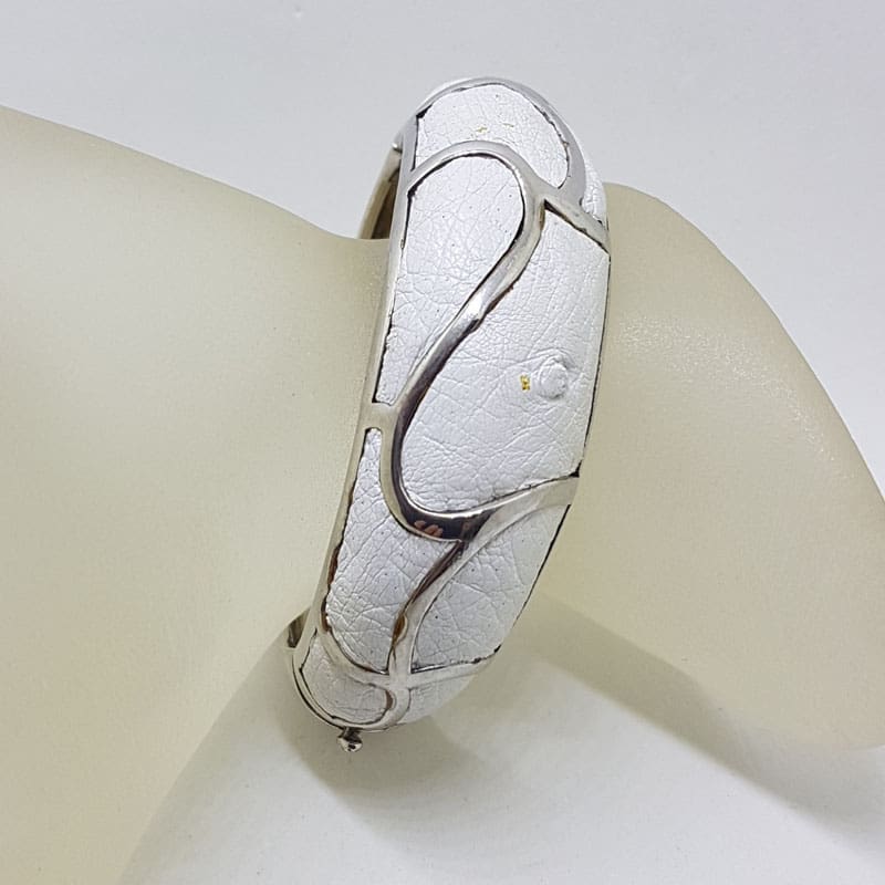 Sterling Silver Heavy Ostrich Leather White Oval Hinged Bangle with Wave Motif - Unique