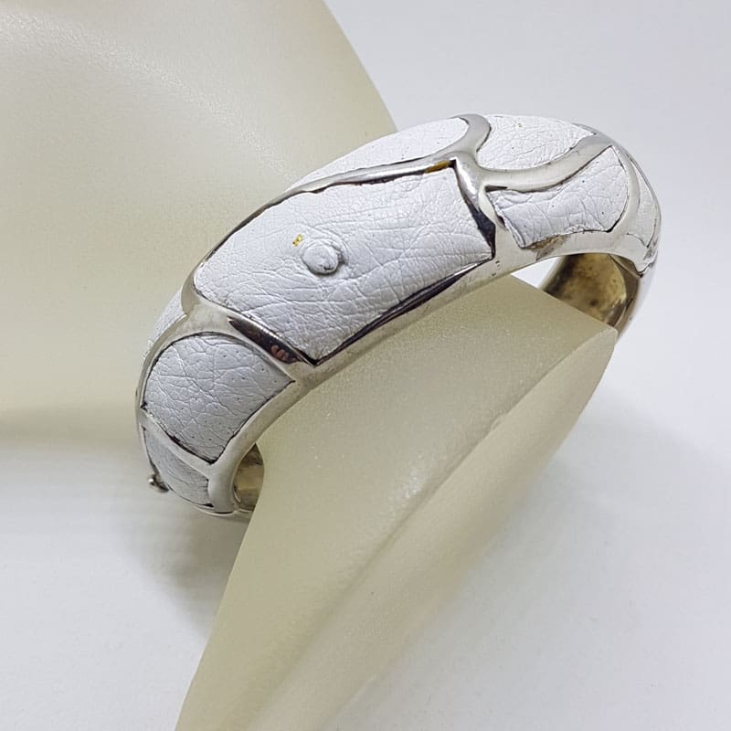 Sterling Silver Heavy Ostrich Leather White Oval Hinged Bangle with Wave Motif - Unique