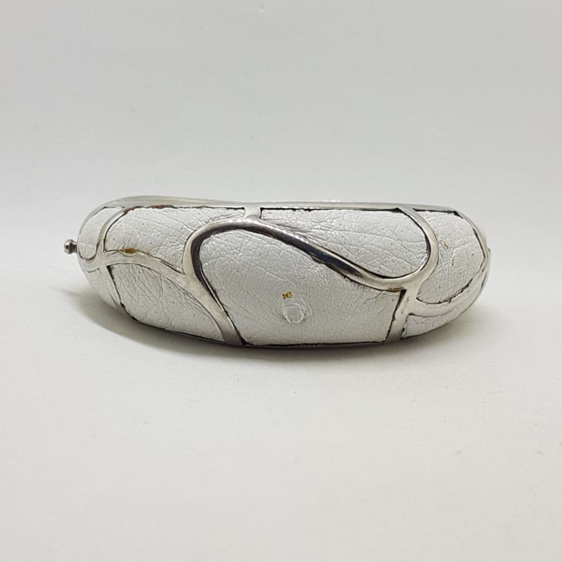 Sterling Silver Heavy Ostrich Leather White Oval Hinged Bangle with Wave Motif - Unique