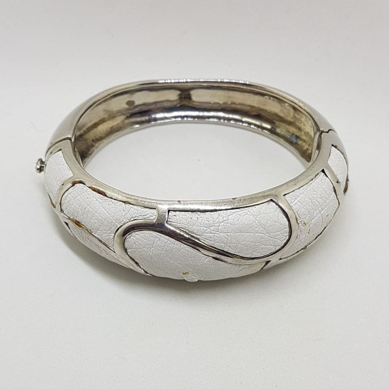 Sterling Silver Heavy Ostrich Leather White Oval Hinged Bangle with Wave Motif - Unique
