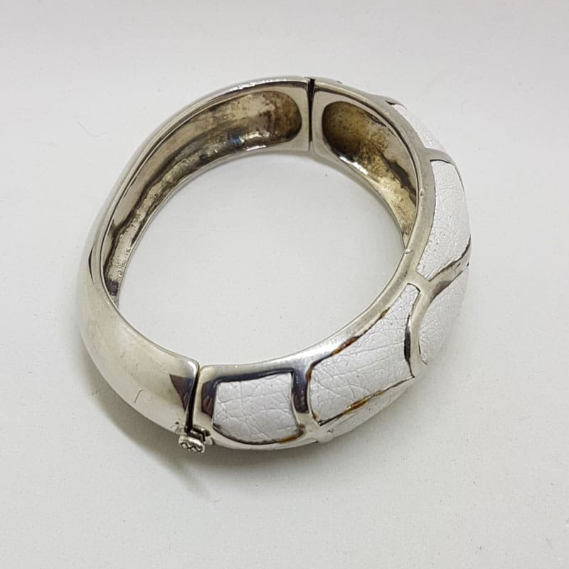 Sterling Silver Heavy Ostrich Leather White Oval Hinged Bangle with Wave Motif - Unique