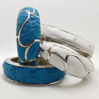 Sterling Silver Heavy Ostrich Leather Blue Oval Hinged Bangle with Wave Motif - Unique