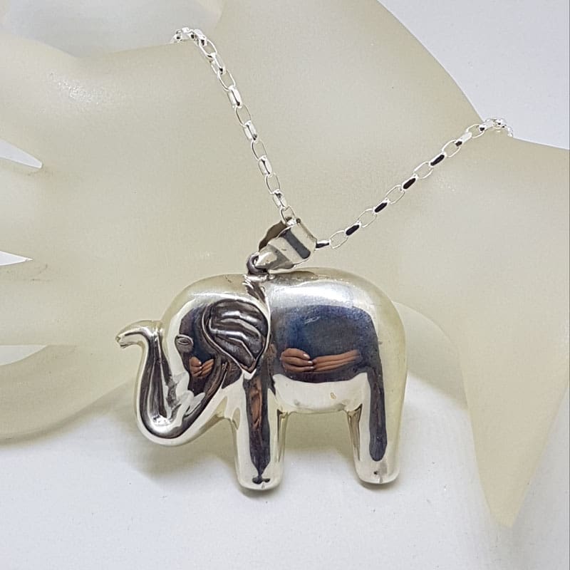 Sterling Silver Elephant Large Pendant with Trunk Up on Silver Chain