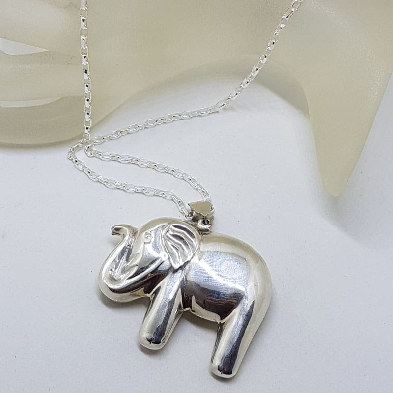Sterling Silver Elephant Large Pendant with Trunk Up on Silver Chain