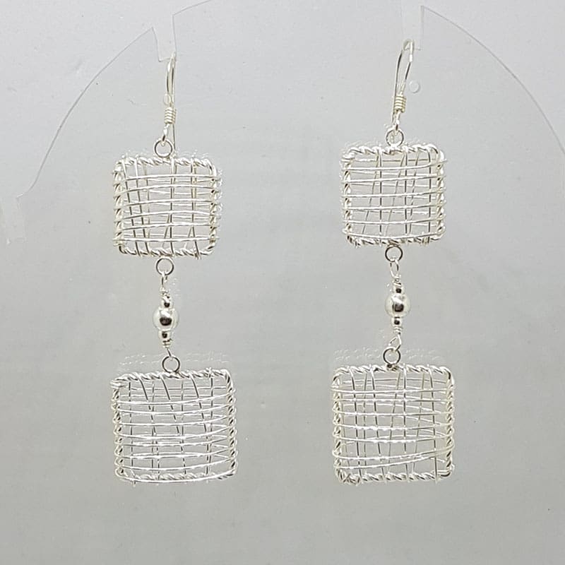 Sterling Silver Ornate Filigree Long Lattice Two Squares Drop Earrings