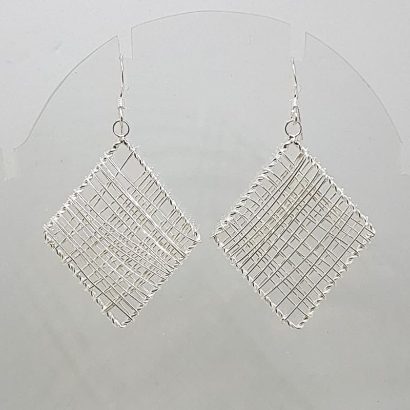 Sterling Silver Ornate Filigree Long Lattice Large Square Drop Earrings