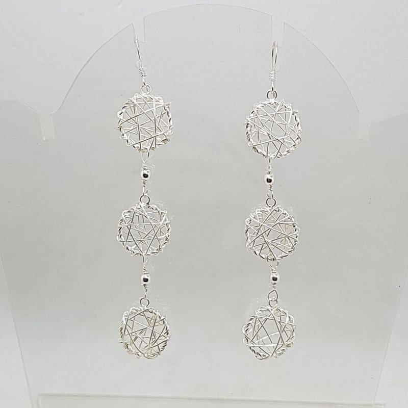 Sterling Silver Ornate Filigree Long Lattice Three Circles Drop Earrings
