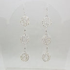 Sterling Silver Ornate Filigree Long Lattice Three Circles Drop Earrings