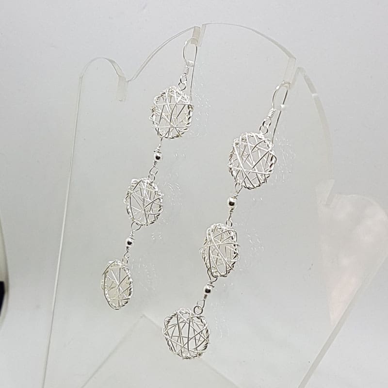 Sterling Silver Ornate Filigree Long Lattice Three Circles Drop Earrings