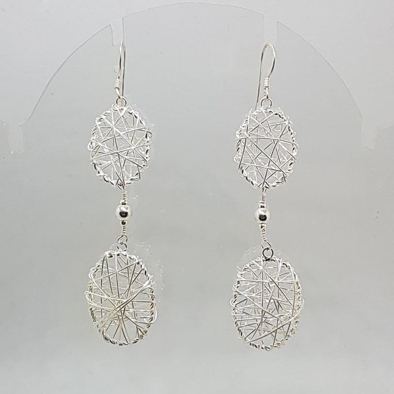 Sterling Silver Ornate Filigree Long Lattice Two Ovals Drop Earrings