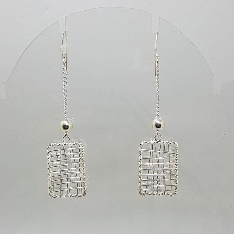 Sterling Silver Ornate Filigree Long Lattice Rectangular Drop Earrings