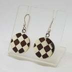 Sterling Silver Wood / Timber Drop Earrings - Round Checkerboard