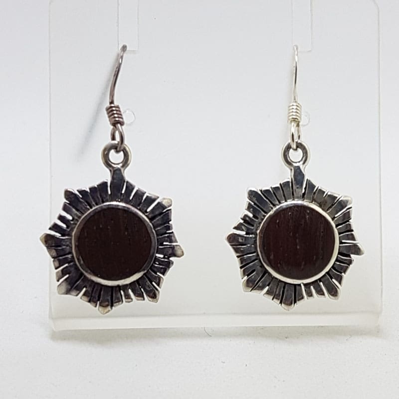 Sterling Silver Wood / Timber Drop Earrings - Sun / Flower Shape