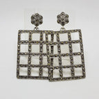 Sterling Silver Marcasite Large Rectangular Lattice Design Drop Earrings
