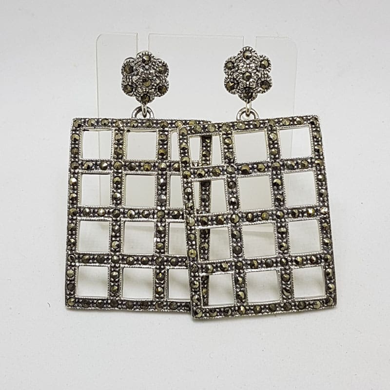 Sterling Silver Marcasite Large Rectangular Lattice Design Drop Earrings
