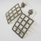 Sterling Silver Marcasite Large Rectangular Lattice Design Drop Earrings