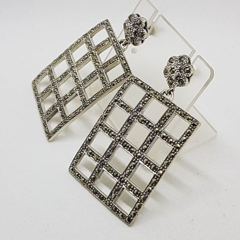 Sterling Silver Marcasite Large Rectangular Lattice Design Drop Earrings