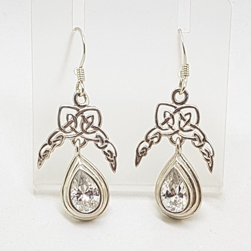 Sterling Silver Celtic Knot Design Clear Cubic Zirconia Drop Earrings