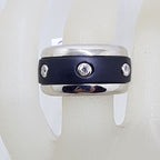 Sterling Silver Wide Band Ring with Black Neoprene and Cubic Zirconia - Gents Ring / Ladies Ring