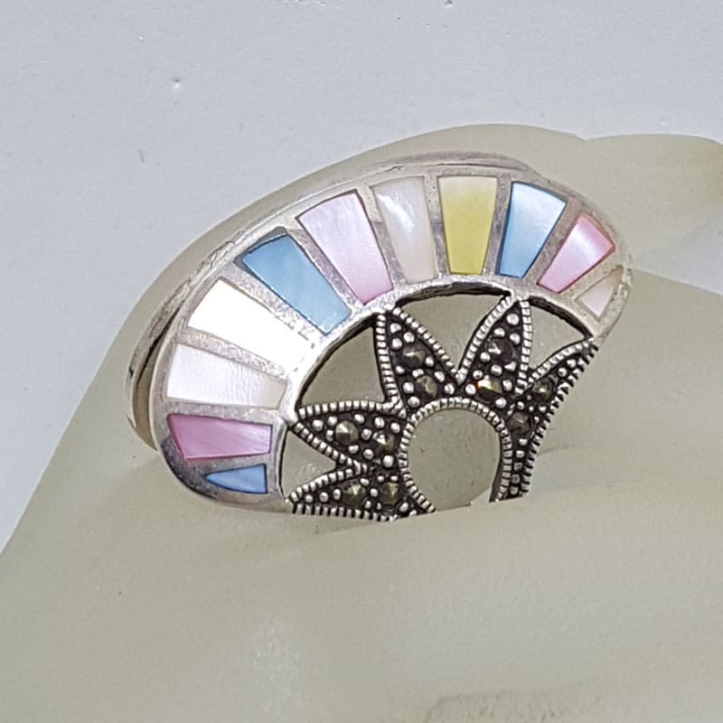 Sterling Silver Marcasite and Multi-Colour Mother of Pearl Unusual Large Fan Shaped Ring