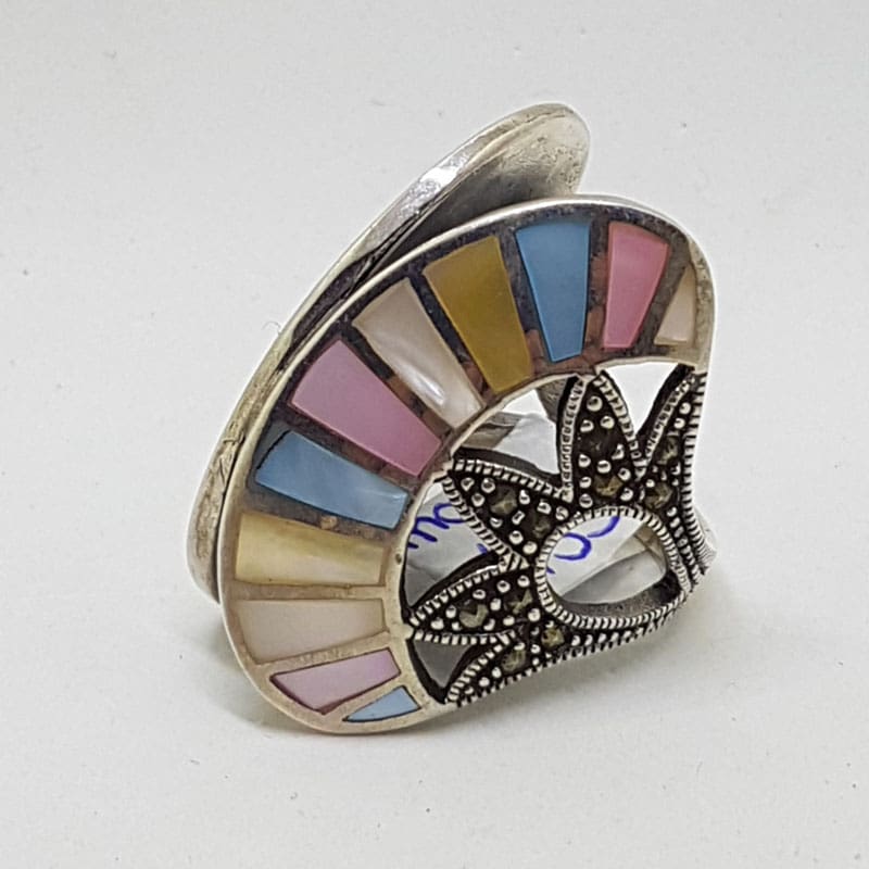 Sterling Silver Marcasite and Multi-Colour Mother of Pearl Unusual Large Fan Shaped Ring