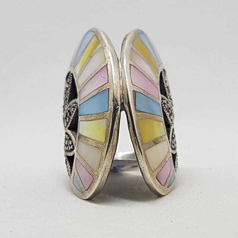 Sterling Silver Marcasite and Multi-Colour Mother of Pearl Unusual Large Fan Shaped Ring