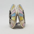 Sterling Silver Marcasite and Multi-Colour Mother of Pearl Unusual Large Fan Shaped Ring