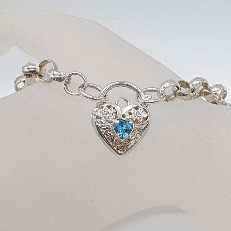 Sterling Silver Blue Filigree Heart Padlock Belcher Link Necklace / Chain