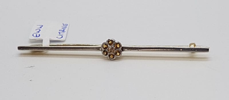 14ct White Gold Citrine Daisy Flower on Bar Brooch - Antique / Vintage