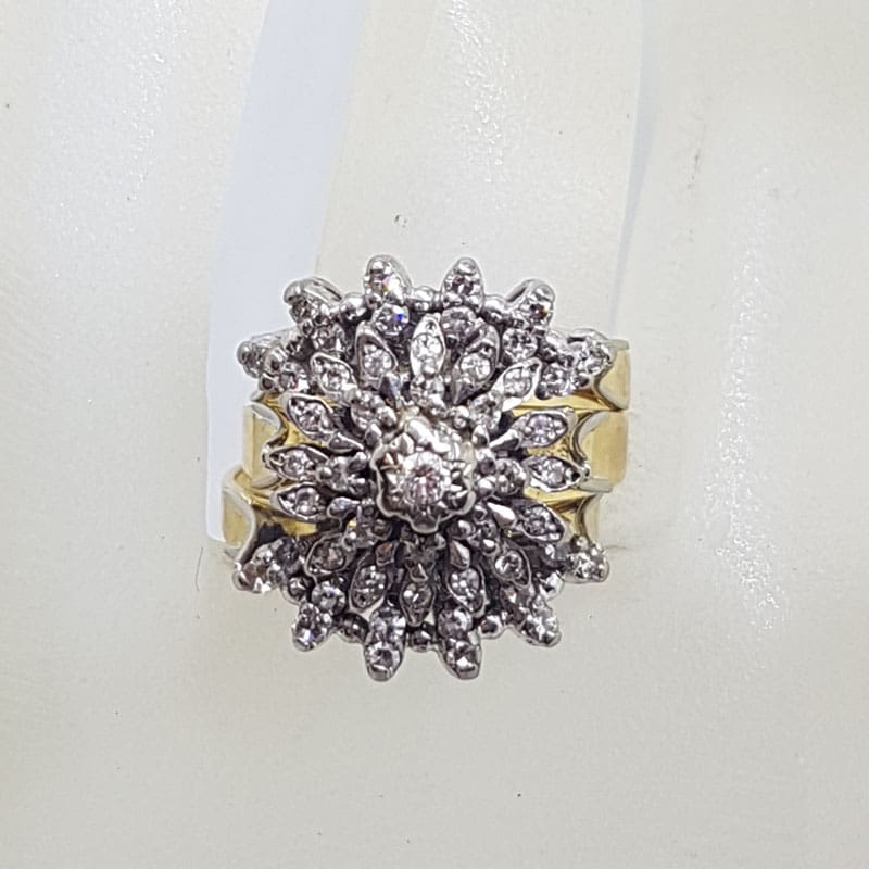 18ct Yellow Gold Large Diamond Cluster Three Piece Set of Rings in Daisy Flower Cluster Shape - Engagement Ring / Wedding Ring / Eternity Ring - Antique / Vintage