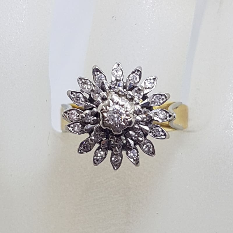 18ct Yellow Gold Large Diamond Cluster Three Piece Set of Rings in Daisy Flower Cluster Shape - Engagement Ring / Wedding Ring / Eternity Ring - Antique / Vintage