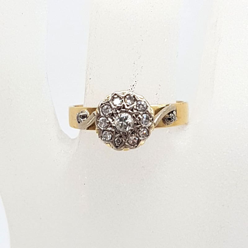 18ct Yellow Gold with Platinum High Set Diamond Daisy Flower Cluster Ring / Engagement Ring - Antique / Vintage