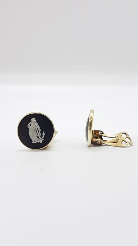 Sterling Silver Wedgwood Black Jasper Clip-On Earrings - Antique / Vintage